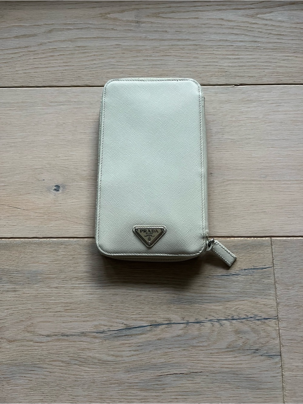 Prada Cream Saffiano Zip-Around Wallet with Logo Plaque